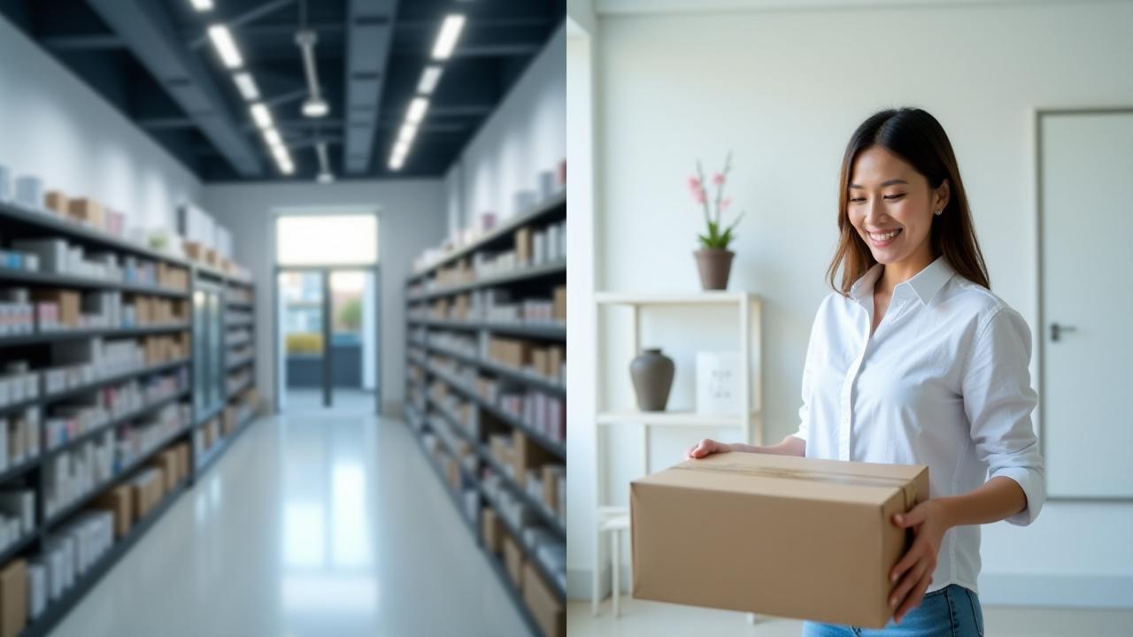 Modern retail shelf next to a home delivery package unboxing experience