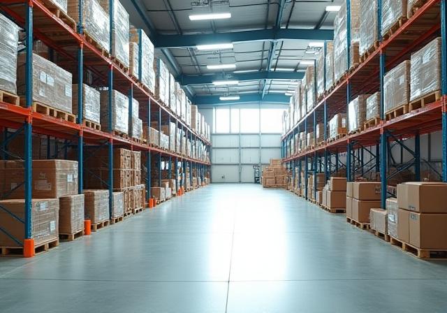 Securely loaded palletized cargo inside a clean logistics warehouse environment