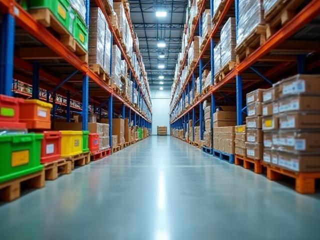 Modern warehouse with high-tech color-coded shelving and inventory segmentation system