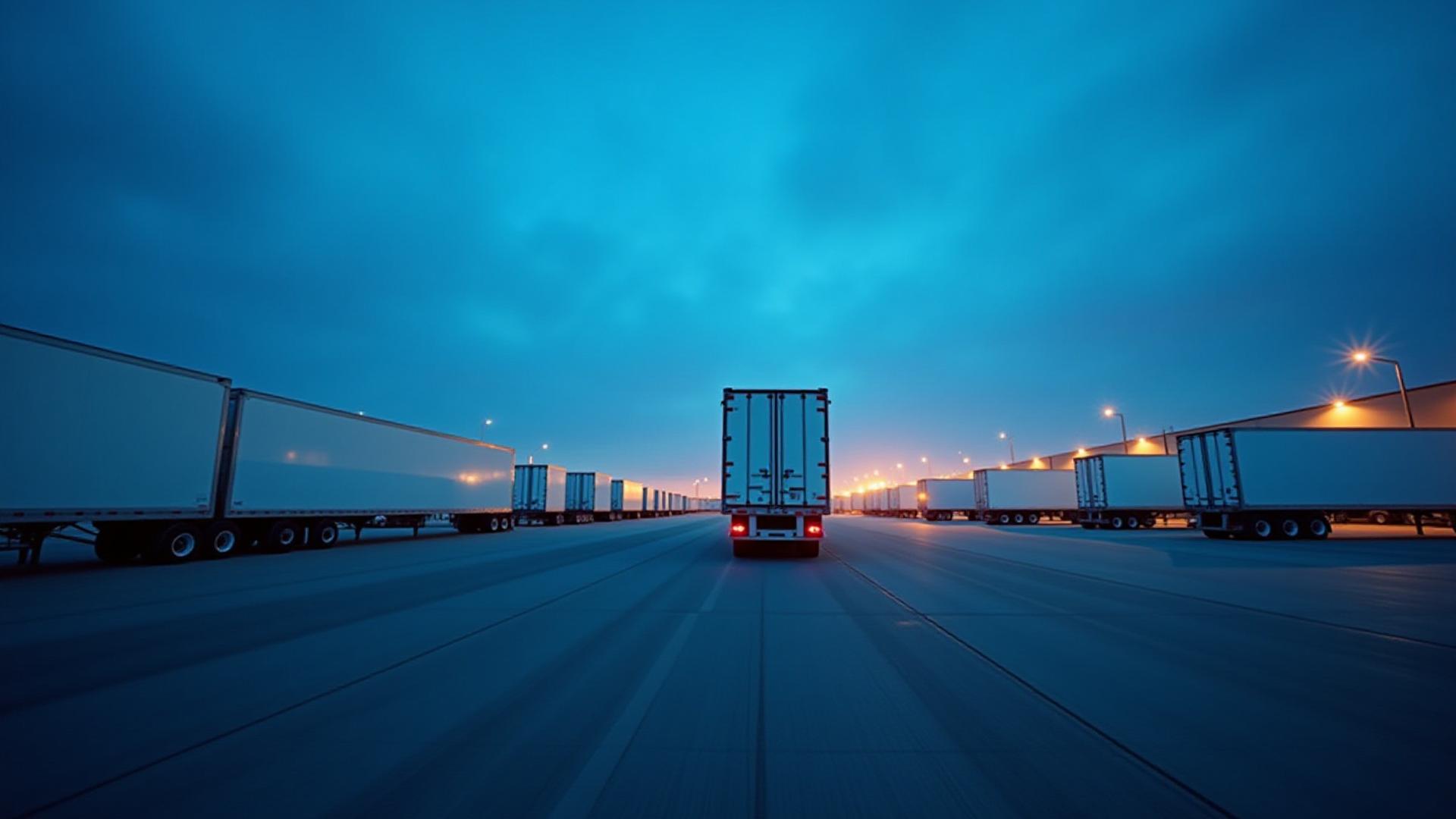 WOODS LOGISTICS truck fleet moving through a logistics hub at sunset