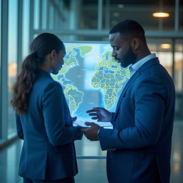 Logistics consultants analyzing supply chain data and global trade routes