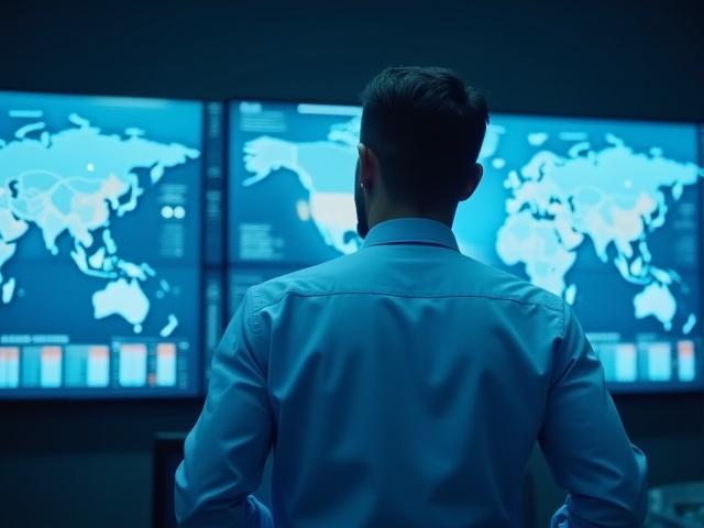 Logistics professional monitoring shipment progress on a high-tech screen in a modernized office